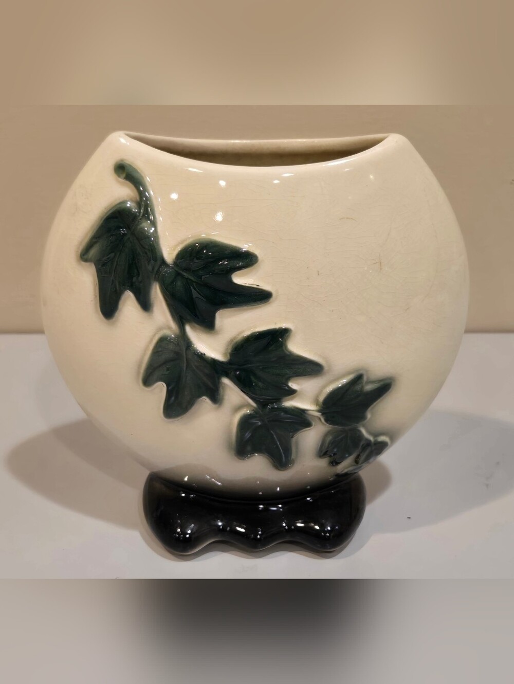 Vintage Royal Copley Ivory Ceramic Pillow Vase with Green Ivy Relief